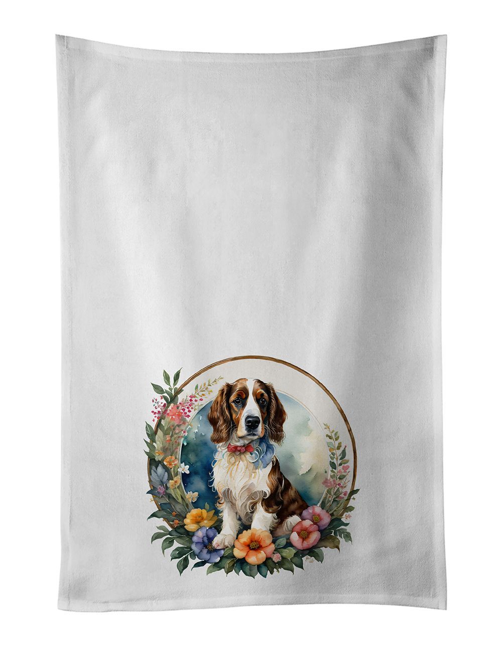 Welsh Springer Spaniel And Flowers Kitchen Towel Set Of 2 White Dish Towels Decorative Bathroom Hand Towel For Hand, Face, Hair, Yoga, Tea, Dishcloth, 19 X 28", White_maomaolike.com