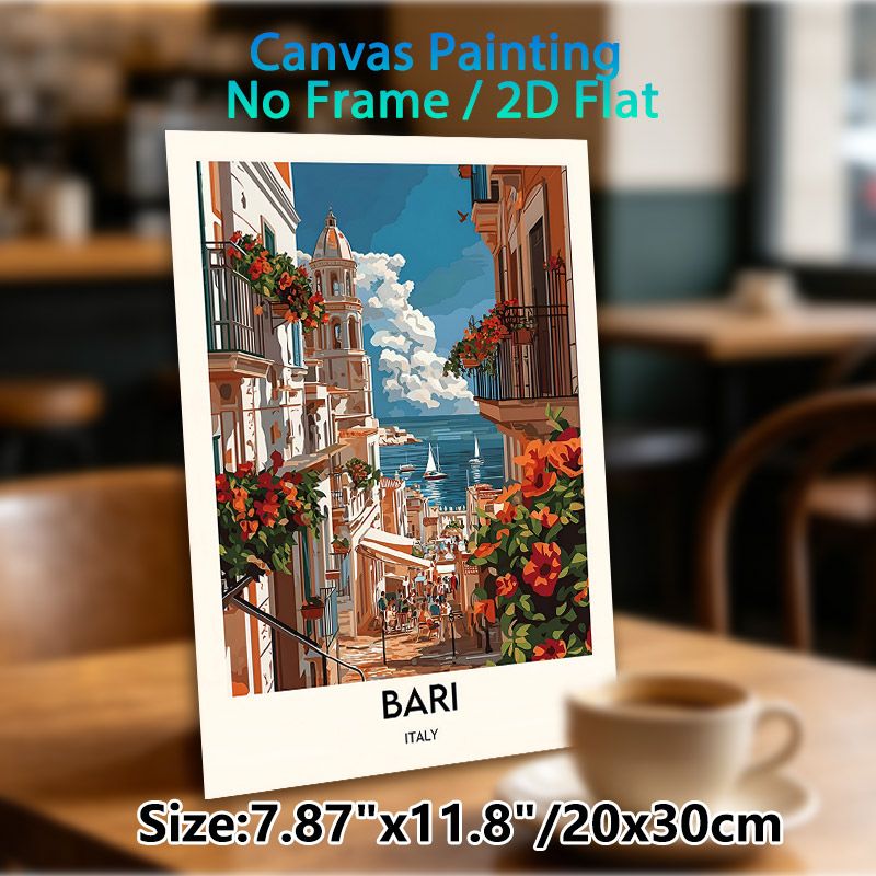 Bari Italy Coastal Town Painting Poster, Vibrant Retro Style Poster, Sunlit Seaside Street With Colorful Blooms & Coastal View, Captures Warm_maomaolike.com