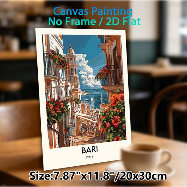Bari Italy Coastal Town Painting Poster, Vibrant Retro Style Poster, Sunlit Seaside Street With Colorful Blooms & Coastal View, Captures Warm_maomaolike.com