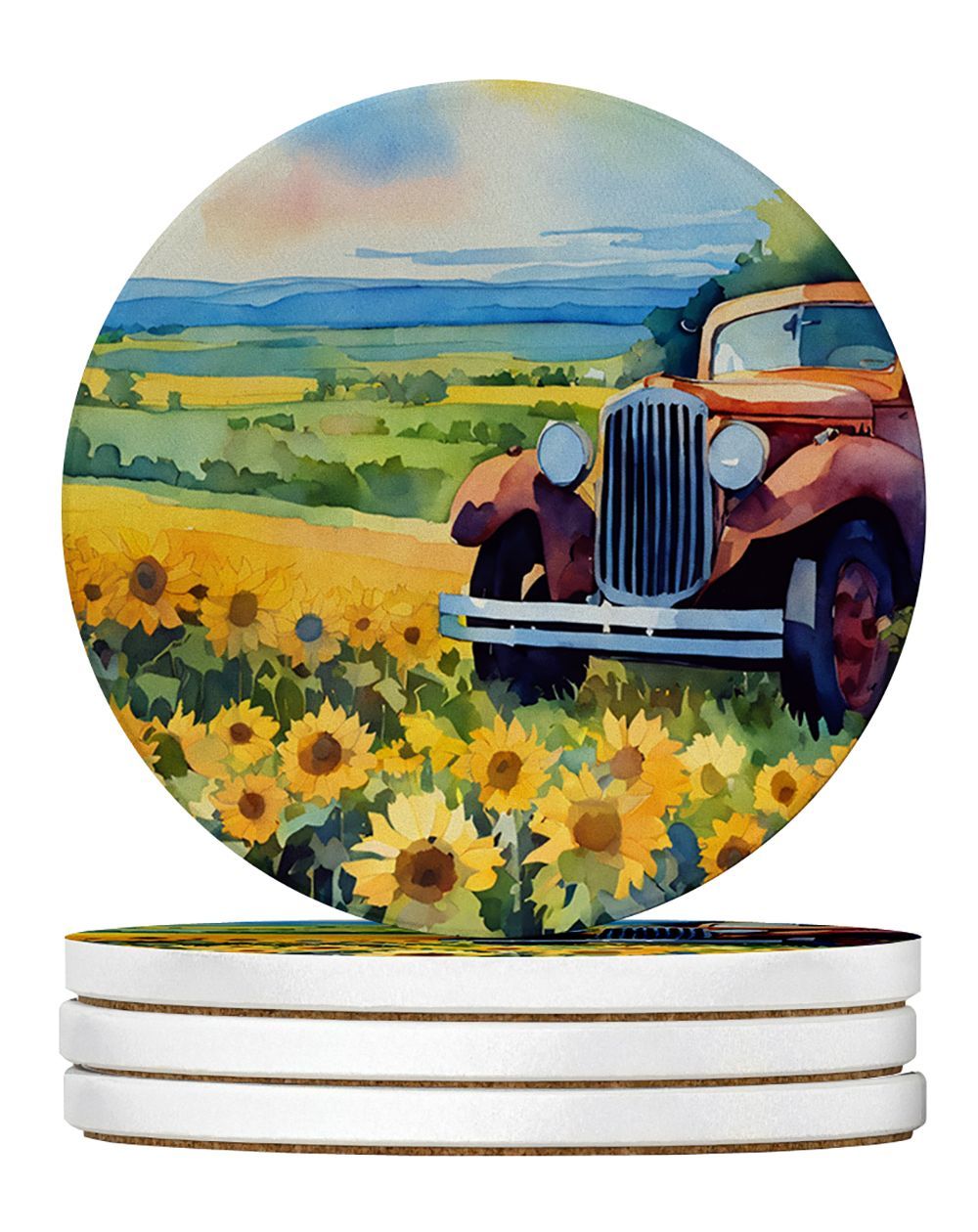 Kansas Sunflowers In Watercolor Large Sandstone Coasters Pack Of 4 Absorbent Round Coasters Decor Gifts For Men Or Women, 4 In, Multicolor_maomaolike.com