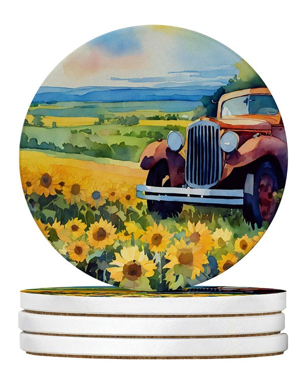 Kansas Sunflowers In Watercolor Large Sandstone Coasters Pack Of 4 Absorbent Round Coasters Decor Gifts For Men Or Women, 4 In, Multicolor_maomaolike.com