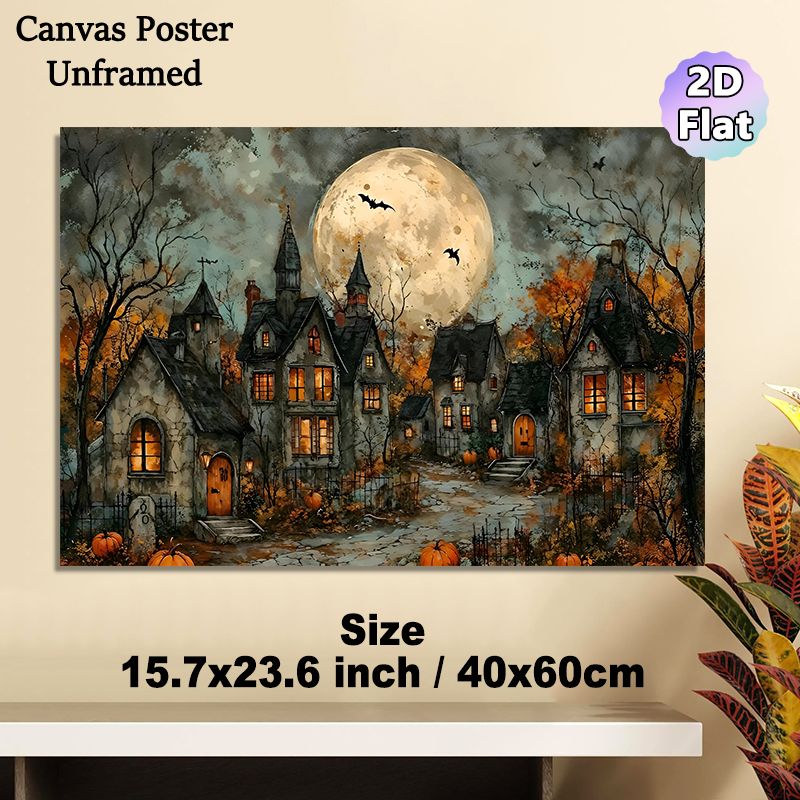 Halloween Village Painting Poster, Vintage Watercolor Spooky Moonlit Village Scene Poster, Atmospheric Seasonal Decor Ideal For Home, Living Room And_maomaolike.com
