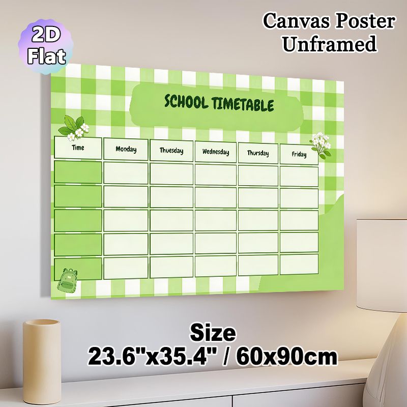 School Timetable Painting Poster, Fresh Green Gingham Style Poster, Decorative Class Schedule Layout With Floral And Backpack Details, Assists In_maomaolike.com