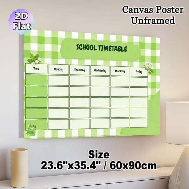 School Timetable Painting Poster, Fresh Green Gingham Style Poster, Decorative Class Schedule Layout With Floral And Backpack Details, Assists In_maomaolike.com