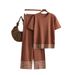 Women's Clothing summer new simple fashion round neck solid color short-sleeved top + trousers contrast edge knitted two-piece set_maomaolike.com