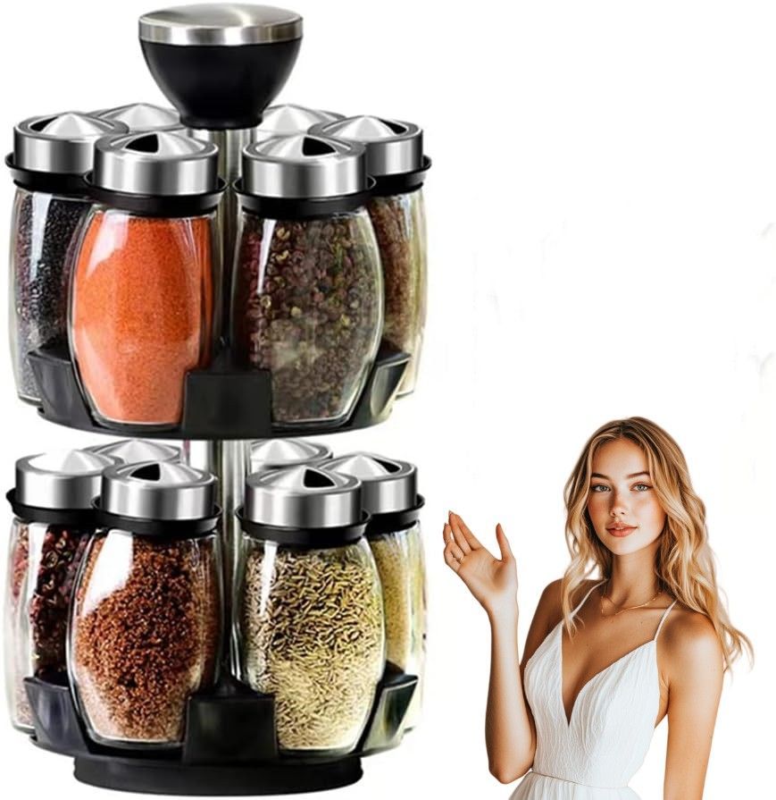 12 Glass Jar Bottles Set Revolving Spice Rack Organizer Storage For Kitchen, Spice Stand Holder, Spinning Countertop Herb And Spice Rack Organizer With_maomaolike.com