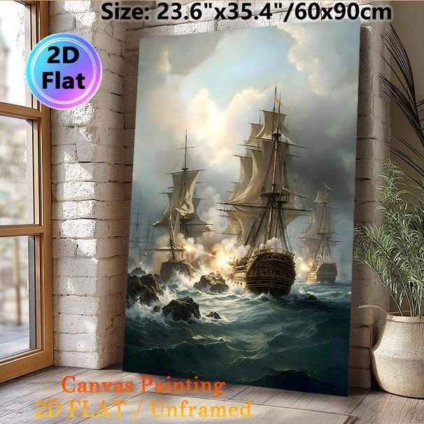 Naval Battle Painting Poster, Dramatic Realistic Vintage Warships Combat Scene Poster, Captivating Historical Nautical Decor For Home Office, Living_maomaolike.com