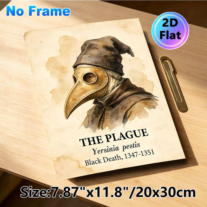 Plague Doctor Themed Painting Poster, Vintage Watercolor Style Black Death Historical Portrait Poster, Informative Historical Artwork Ideal For Study_maomaolike.com