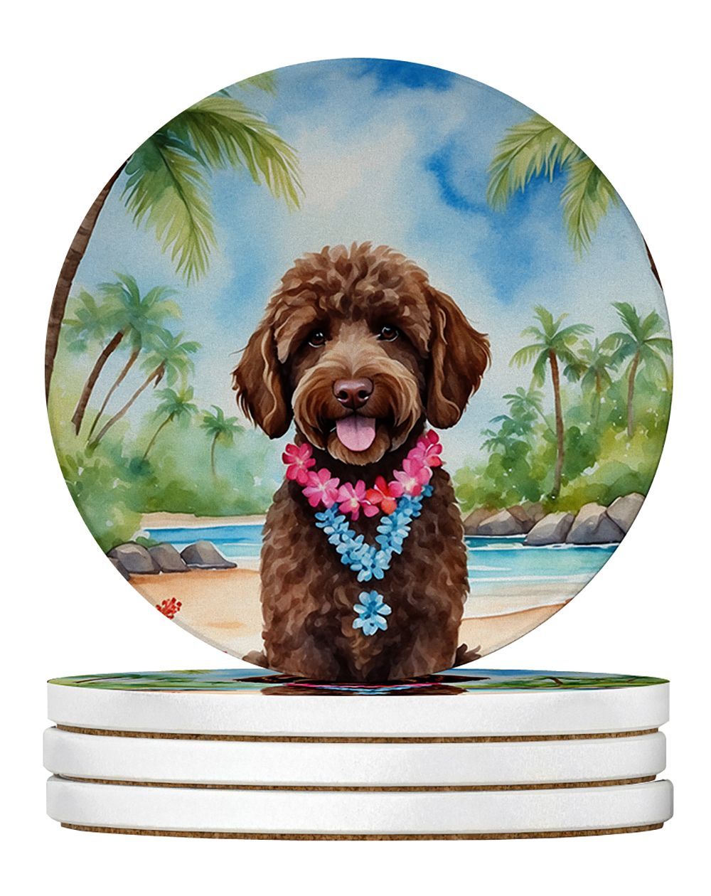 Labradoodle Luau Large Sandstone Coasters Pack Of 4 Absorbent Round Coasters Decor Gifts For Men Or Women, 4 In, Multicolor_maomaolike.com