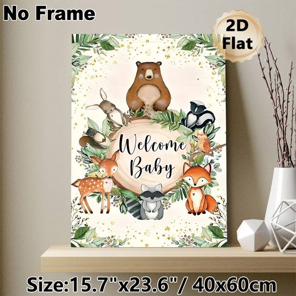Woodland Animals Welcome Baby Painting Poster, Watercolor Whimsical Forest Creatures Poster, Warm Welcoming Decor Ideal For Baby Shower, Home Wall_maomaolike.com