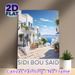 Sidi Bou Said Coastal Town Painting Poster, Soft-hued Mediterranean Seaside Town Scene Poster, Serene Scenic Artwork Ideal For Living Room, Bedroom_maomaolike.com