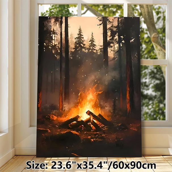 Forest Campfire Painting Poster, Warm-toned Realistic Forest Campfire Scene Poster, Cozy Atmospheric Decor Suitable For Living Room, Bedroom, Cabin_maomaolike.com