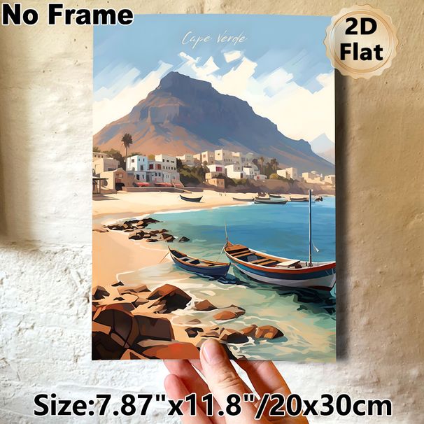 Cape Verde Coastal Village Painting Poster, Warm-toned Illustrative Seaside Scene Poster, Peaceful Coastal View With Fishing Boats And Mountain, Ideal_maomaolike.com
