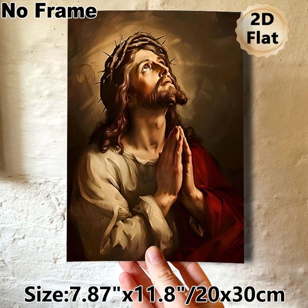 Jesus Themed Painting Poster, Realistic Warm-toned Sacred Portrait With Crown Of Thorns Poster, Creates Serene Spiritual Vibe, Ideal For Home, Prayer_maomaolike.com