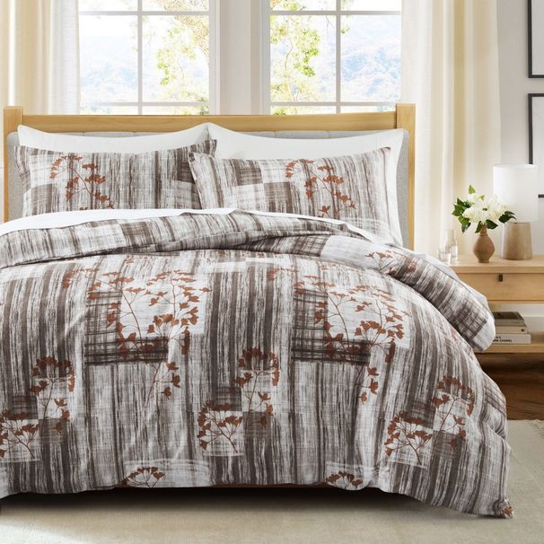 Leaf Wood Grain Floral Gray Quilt Duvet Cover Bedding Three Piece Set In Soft Polyester - Milled Velvet Texture_maomaolike.com