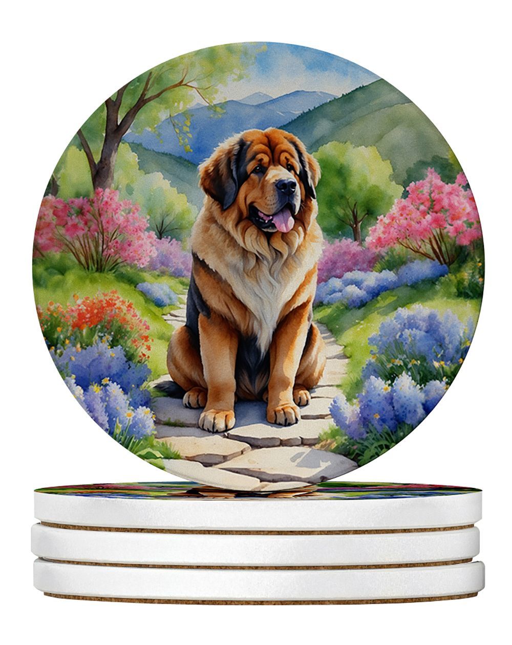 Tibetan Mastiff Spring Path Large Sandstone Coasters Pack Of 4 Absorbent Round Coasters Decor Gifts For Men Or Women, 4 In, Multicolor_maomaolike.com