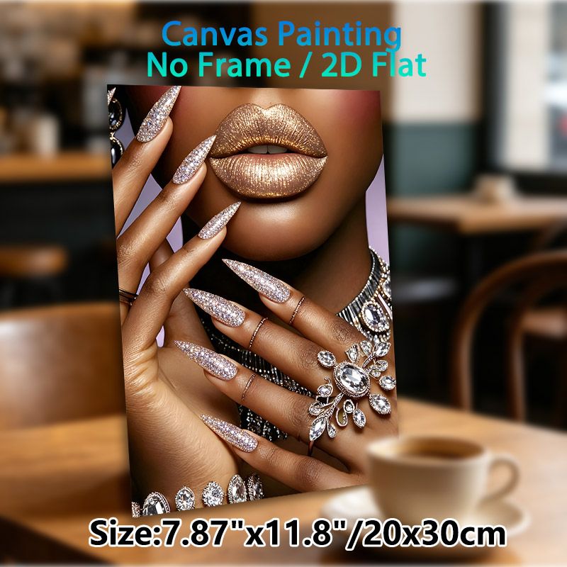 Glittery Glamour Painting Poster, Luxurious Sparkly Lips & Glitter Stiletto Nails With Diamond Jewelry Poster, Eye-catching Glamorous Decor Ideal For_maomaolike.com