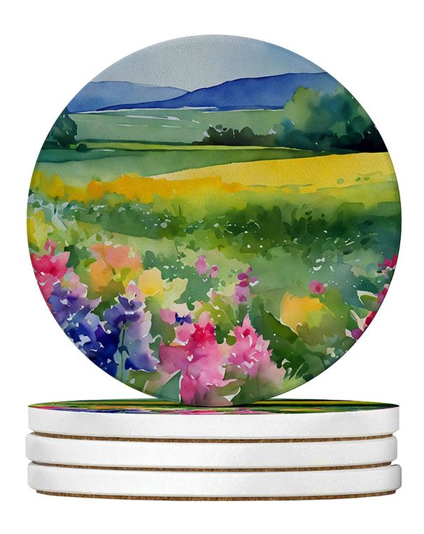 Massachusetts Mayflowers In Watercolor Large Sandstone Coasters Pack Of 4 Absorbent Round Coasters Decor Gifts For Men Or Women, 4 In, Multicolor_maomaolike.com