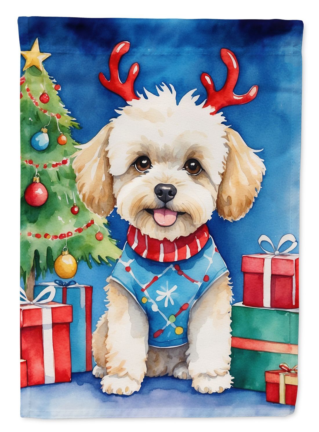 Maltipoo Christmas Reindeer House Flag Large Porch Sleeve Pole Decorative Outside Yard Banner Artwork Wall Hanging, Polyester, House Size, Multicolor_maomaolike.com