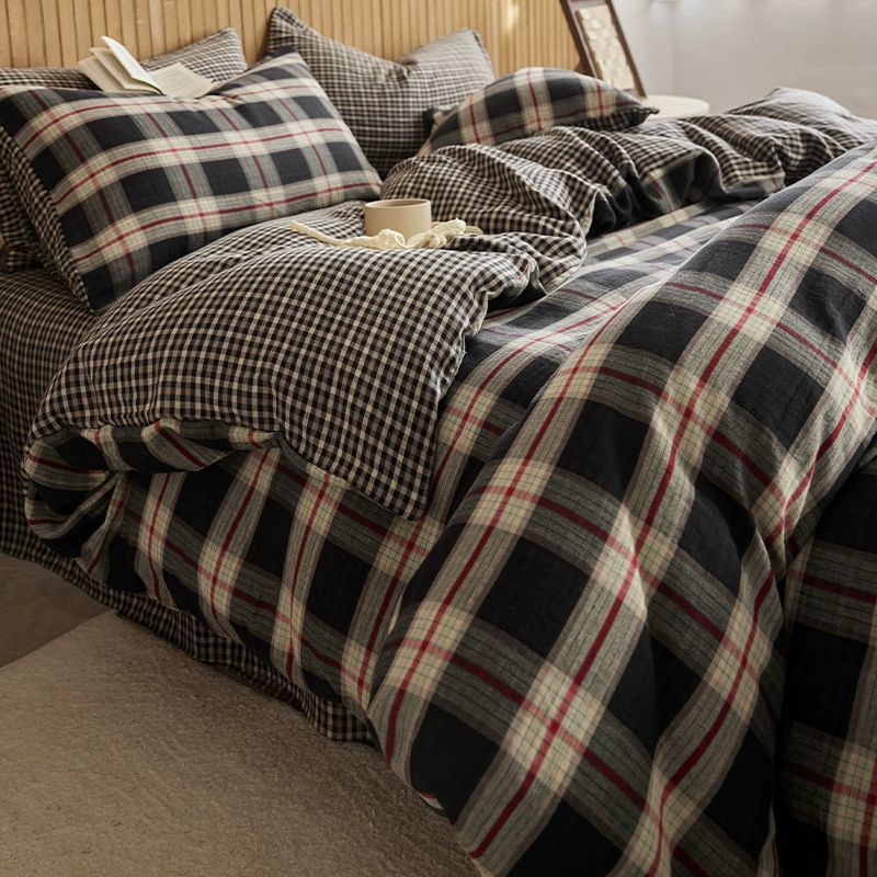Wholesale INS American Retro Plaid Soft Double Layer Yarn All-Cotton 4-Piece Nordic Style Simple Pure Cotton Four-Piece Set_maomaolike.com