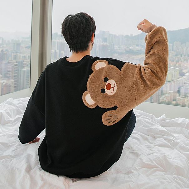 Men's Clothing Factory direct sales men's autumn and winter long sleeved lamb wool embroidery flocking cute little bear loose lazy style sweater men_maomaolike.com