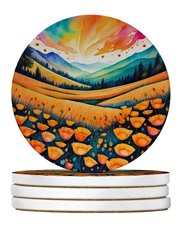 Colorful California Poppies Large Sandstone Coasters Pack Of 4 Absorbent Round Coasters Decor Gifts For Men Or Women, 4 In, Multicolor_maomaolike.com