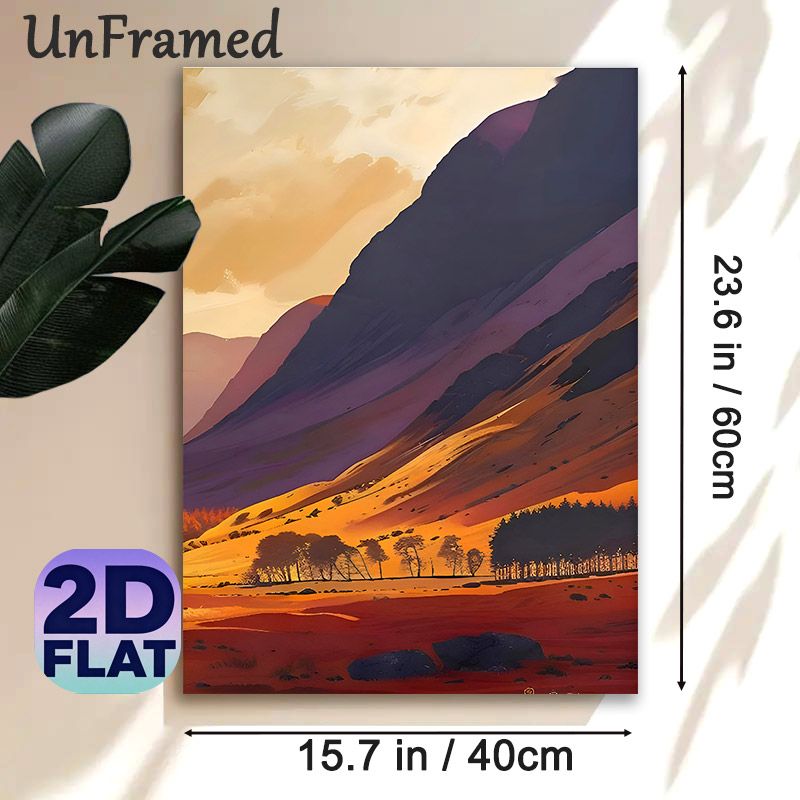 Mountain Sunset Landscape Painting Poster, Warm-toned Artistic Hills With Silhouetted Trees Poster, Calming Scenic Decor Suitable For Living Room_maomaolike.com