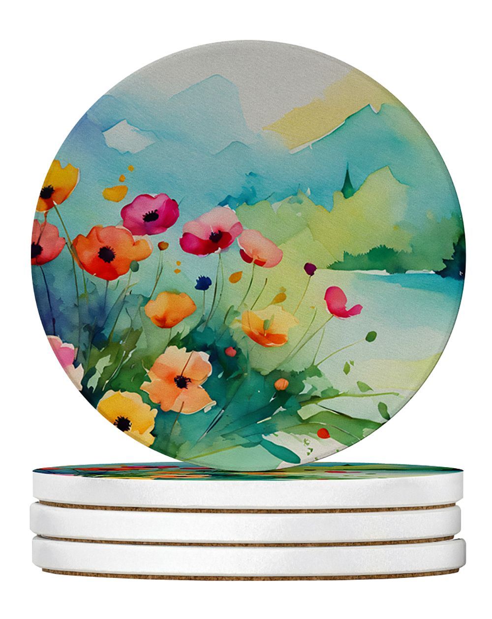Anemones In Watercolor Large Sandstone Coasters Pack Of 4 Absorbent Round Coasters Decor Gifts For Men Or Women, 4 In, Multicolor_maomaolike.com