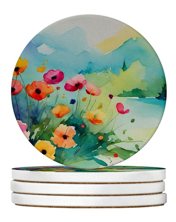 Anemones In Watercolor Large Sandstone Coasters Pack Of 4 Absorbent Round Coasters Decor Gifts For Men Or Women, 4 In, Multicolor_maomaolike.com