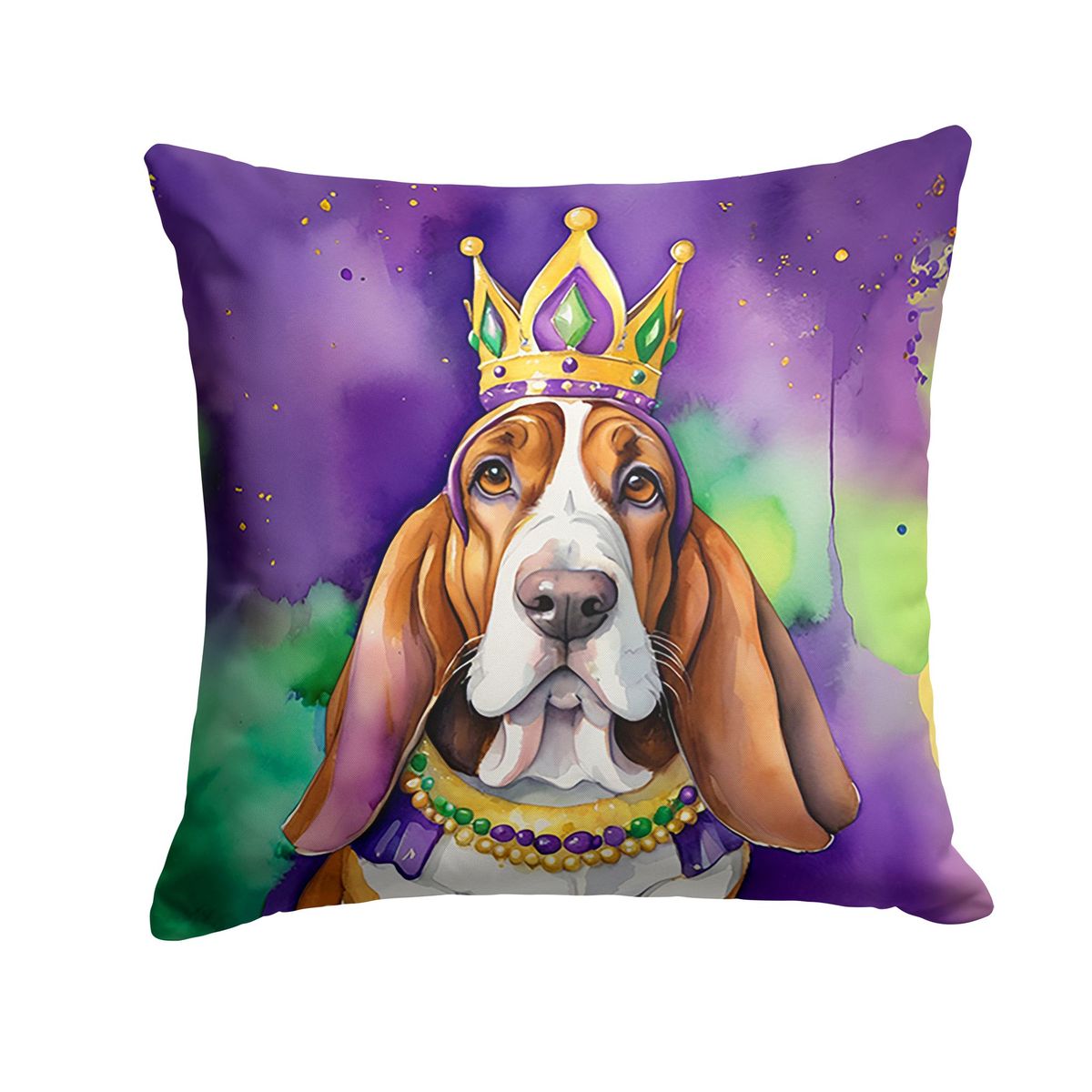 Basset Hound King Of Mardi Gras Throw Pillow Machine Washable, Indoor Outdoor Decorative Pillow For Couch, Bed Or Patio, 14Hx14W_maomaolike.com