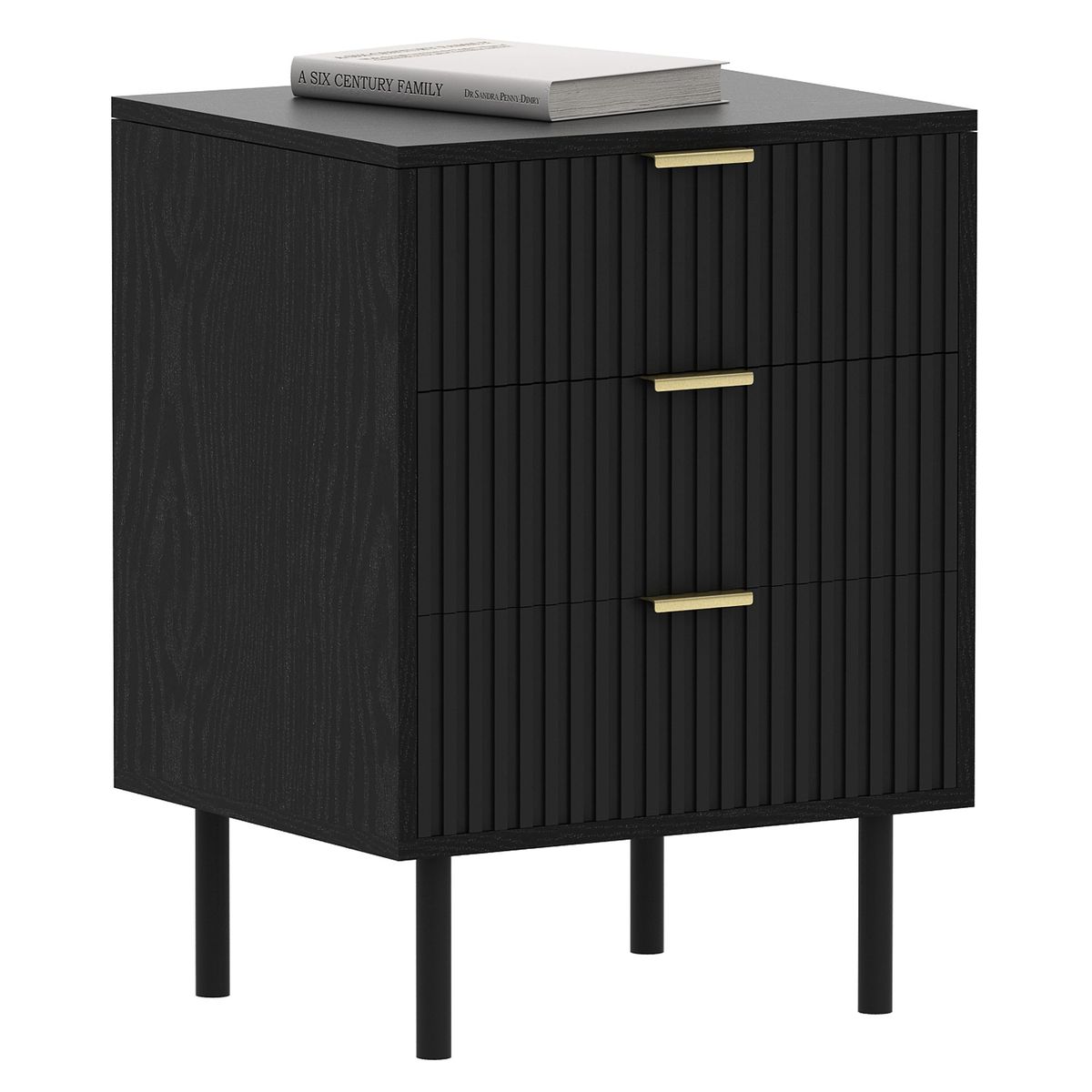 WOODEEM Fluted Black Nightstand 3 Drawers, 19" Small Bedroom 26" Tall Bedside Night Stand, Mid Century Modern Bed Side Couch End Table Living Room, Light Gold Handle_maomaolike.com