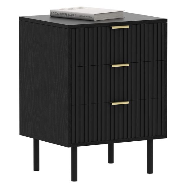 WOODEEM Fluted Black Nightstand 3 Drawers, 19" Small Bedroom 26" Tall Bedside Night Stand, Mid Century Modern Bed Side Couch End Table Living Room, Light Gold Handle_maomaolike.com