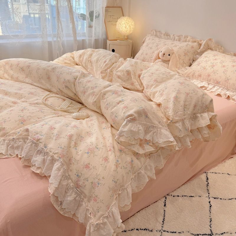 Wholesale INS Korean Style Pastoral Soft Naked Sleep Double Layer Gauze 4-Piece Lace Trim Pure Cotton Four-Piece Set_maomaolike.com