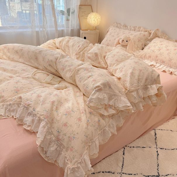 Wholesale INS Korean Style Pastoral Soft Naked Sleep Double Layer Gauze 4-Piece Lace Trim Pure Cotton Four-Piece Set_maomaolike.com