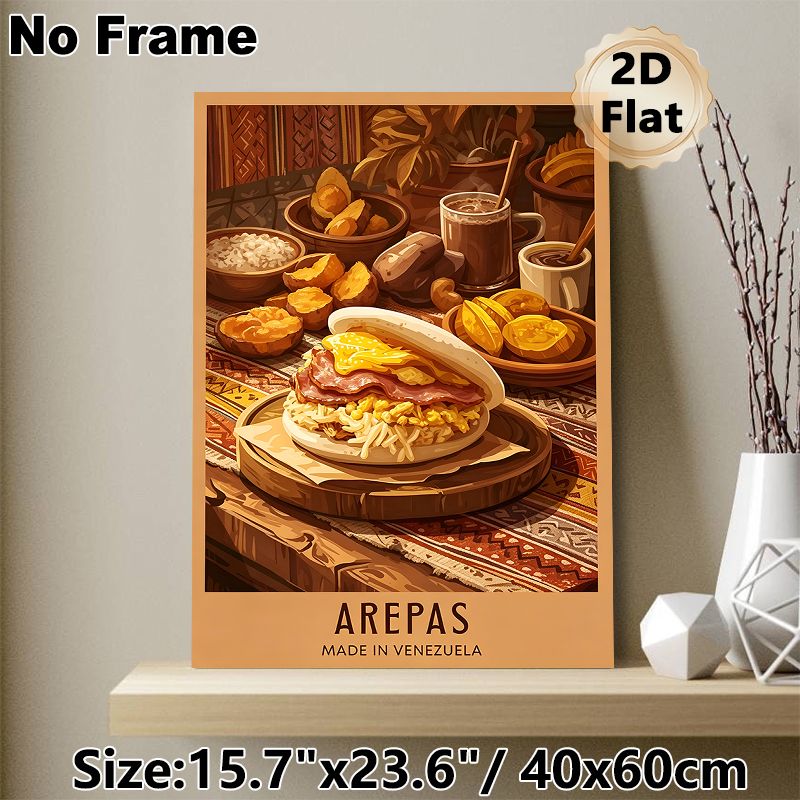 Venezuelan Arepas Painting Poster, Warm-toned Illustrative Rich Venezuelan Feast Scene Poster, Appealing Culinary Wall Decor For Kitchen, Dining Room_maomaolike.com