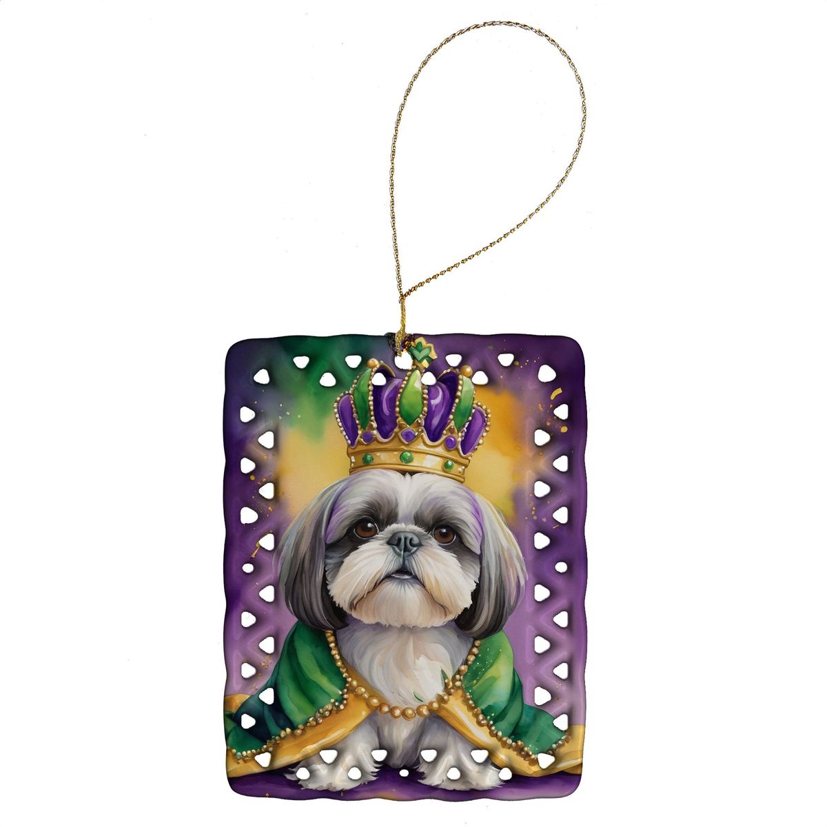 Shih Tzu King Of Mardi Gras Porcelain Ornament Christmas Tree Hanging Decorations For Home Christmas Holiday, Rectangle, Gift, Multicolor_maomaolike.com