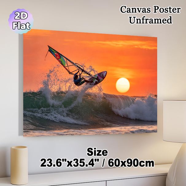 Windsurfing Themed Painting Poster, Vibrant Sunset Seascape Poster, Dynamic Windsurfing Action Against Warm Orange Sunset, Brings Energetic Coastal_maomaolike.com