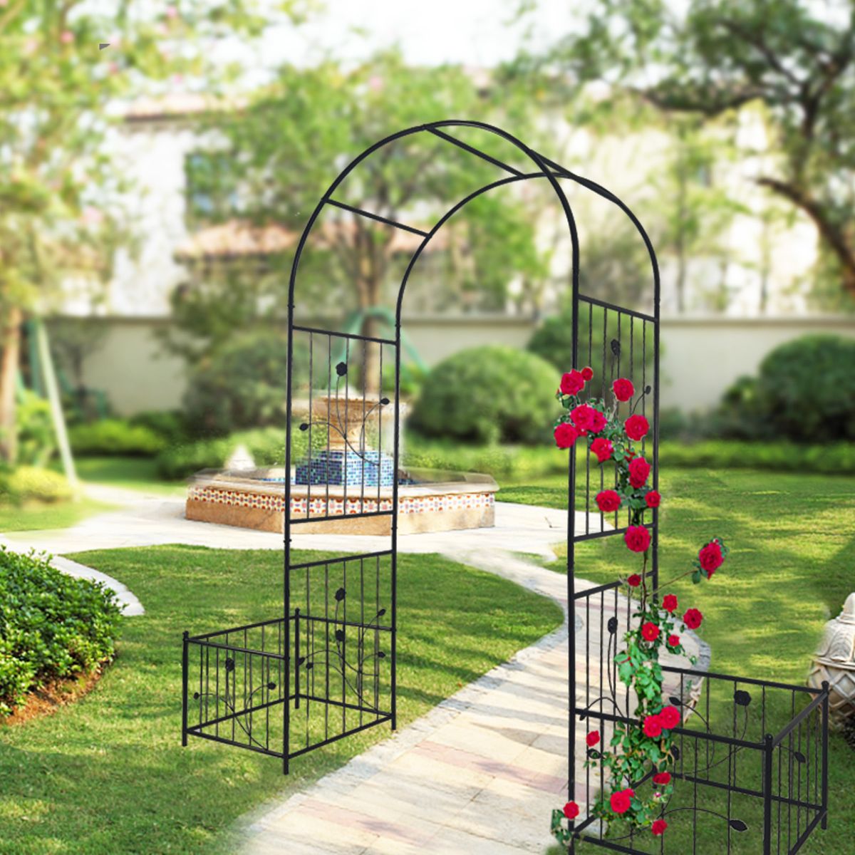 Metal Garden Arch With Two Plant Stands 79.5'' Wide X 86.6'' High Climbing Plants Support Rose Arch Outdoor Black_maomaolike.com