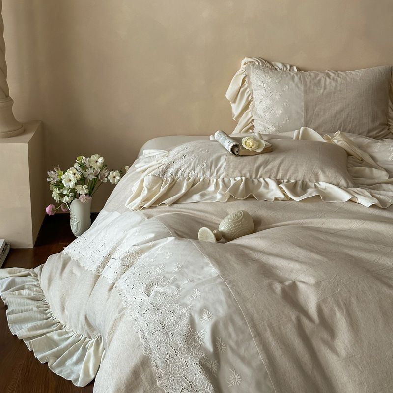 Wholesale French Retro Lace Linen Pure Four-Piece Nordic Style Homestay Full Yarn-Dyed Washed Cotton 4-Piece Set_maomaolike.com