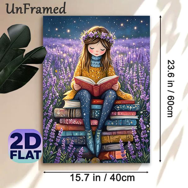 Lavender Field & Reading Girl Painting Poster, Dreamy Whimsical Illustrated Poster, Serene Glowing Floral Reading Scene Suitable For Bedroom, Reading_maomaolike.com