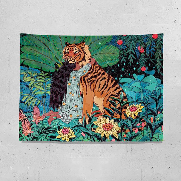 INS Hanging Foreign Trade Girl And Tiger Bedroom Background Rental Renovation Dormitory Bedside Decorative Wall Cloth Tapestry_maomaolike.com