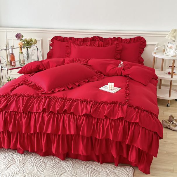 Wholesale Festive Red Dress Ruffled Edges, Multi-layer Lace Four-piece For Bridal Trousseau, Wedding Room 4-piece Set With Bed Ski_maomaolike.com