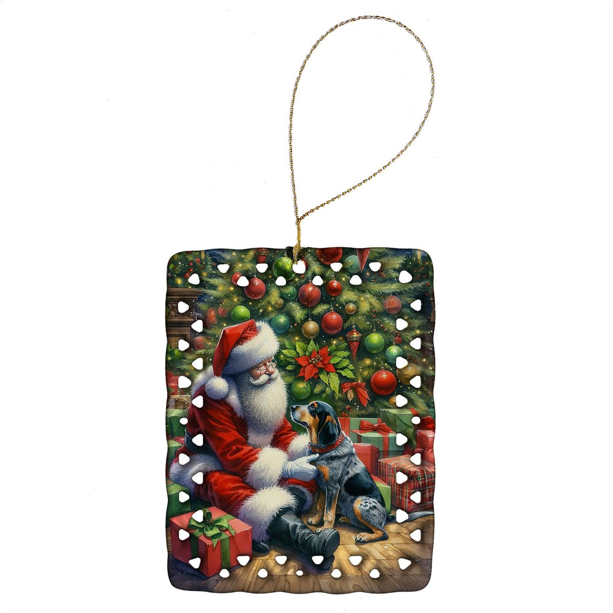Bluetick Hound And Santa Claus Porcelain Ornament Christmas Tree Hanging Decorations For Home Christmas Holiday, Rectangle, Gift, Multicolor_maomaolike.com