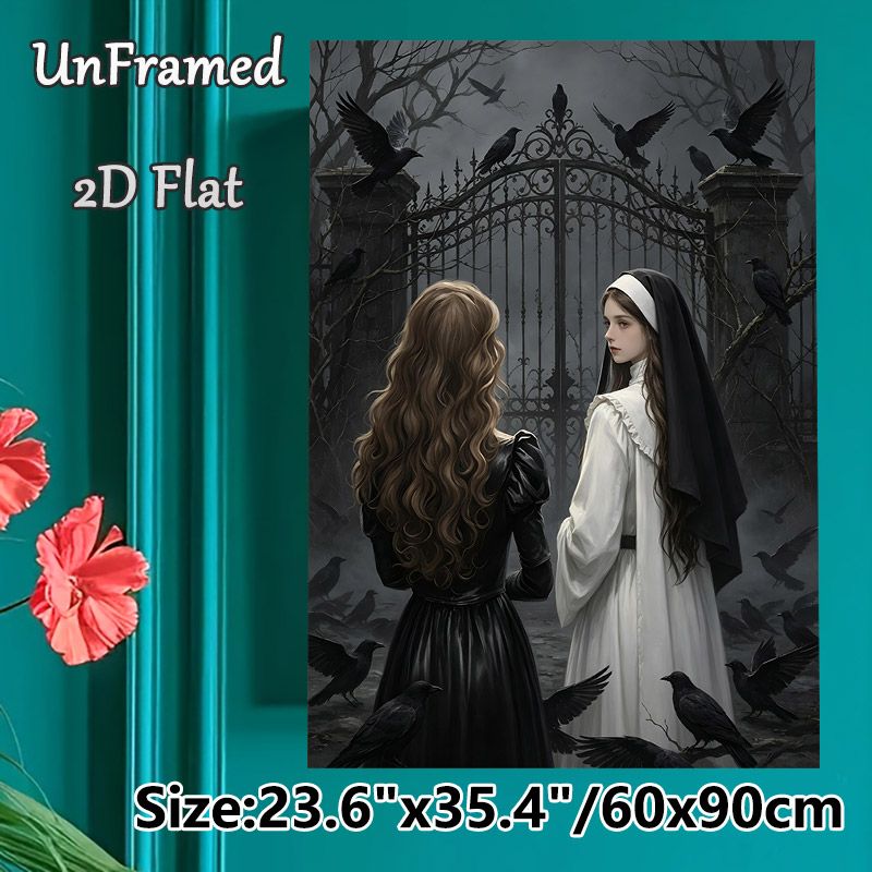 Gothic Dark Fantasy Painting Poster, Mysterious Moody Gothic-style Poster, Featuring Two Women With Crows By Ornate Iron Gate, Atmospheric Dark Decor_maomaolike.com