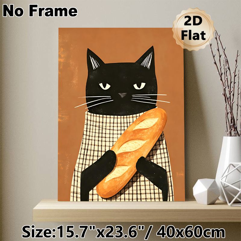 Black Cat With Baguette Painting Poster, Warm-toned Whimsical Illustration Poster, Delightful Cozy Decor Ideal For Kitchen, Dining Area_maomaolike.com