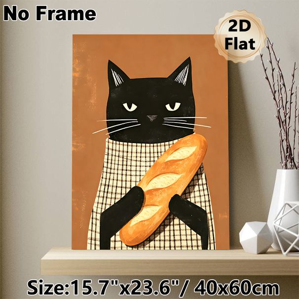 Black Cat With Baguette Painting Poster, Warm-toned Whimsical Illustration Poster, Delightful Cozy Decor Ideal For Kitchen, Dining Area_maomaolike.com