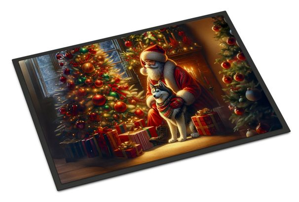 Siberian Husky And Santa Claus Doormat Front Door Mat Indoor Outdoor Rugs For Entryway, Non Slip Washable Low Pile, 24H X 36W_maomaolike.com