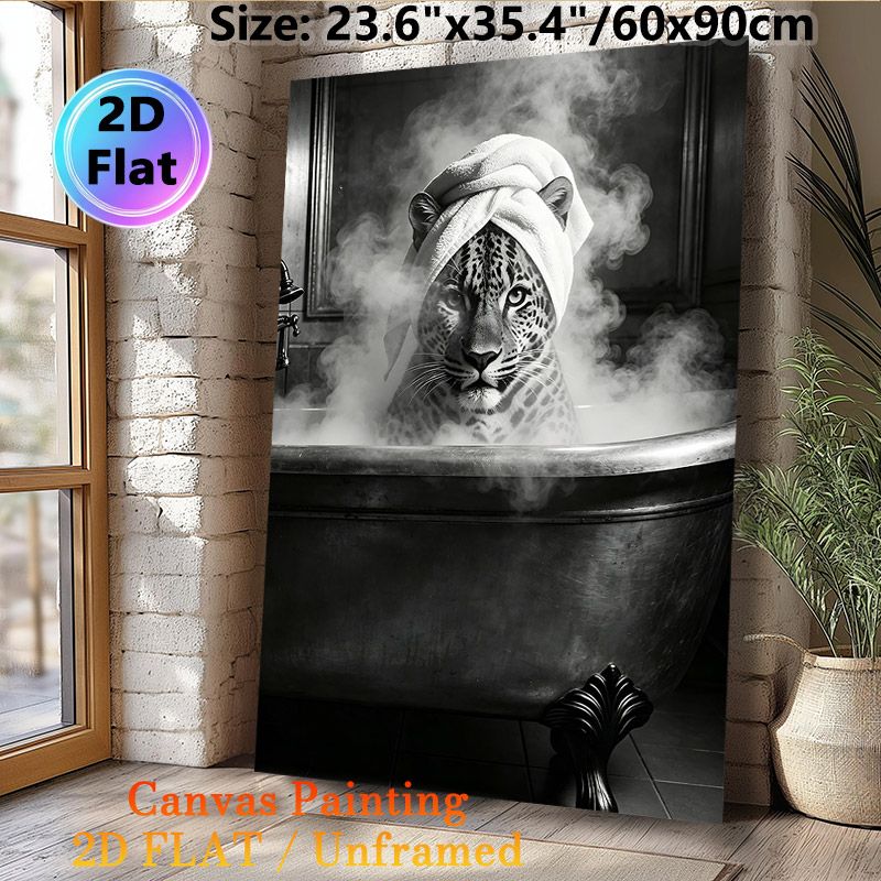 Leopard In Bathtub Painting Poster, Monochrome Retro Style Poster, Whimsical Steam-filled Design Brings Playful Touch For Bathroom Decor_maomaolike.com