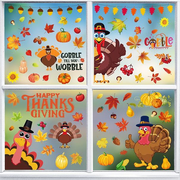 10 Sheets Window Clings Turkey Pumpkin Maple Leaf Pattern Window Stickers Static PVC Fall Window Decals For Home Decoration_maomaolike.com