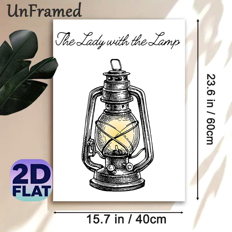 Vintage Lantern Painting Poster, Hand-drawn Sketch-style Poster, Classic Glowing Kerosene Lantern With Cursive "The Lady With The Lamp" Text, Brings_maomaolike.com
